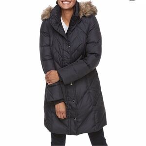 London Fog Women's Dark Gray Puffer Coat with Faux Fur Hood